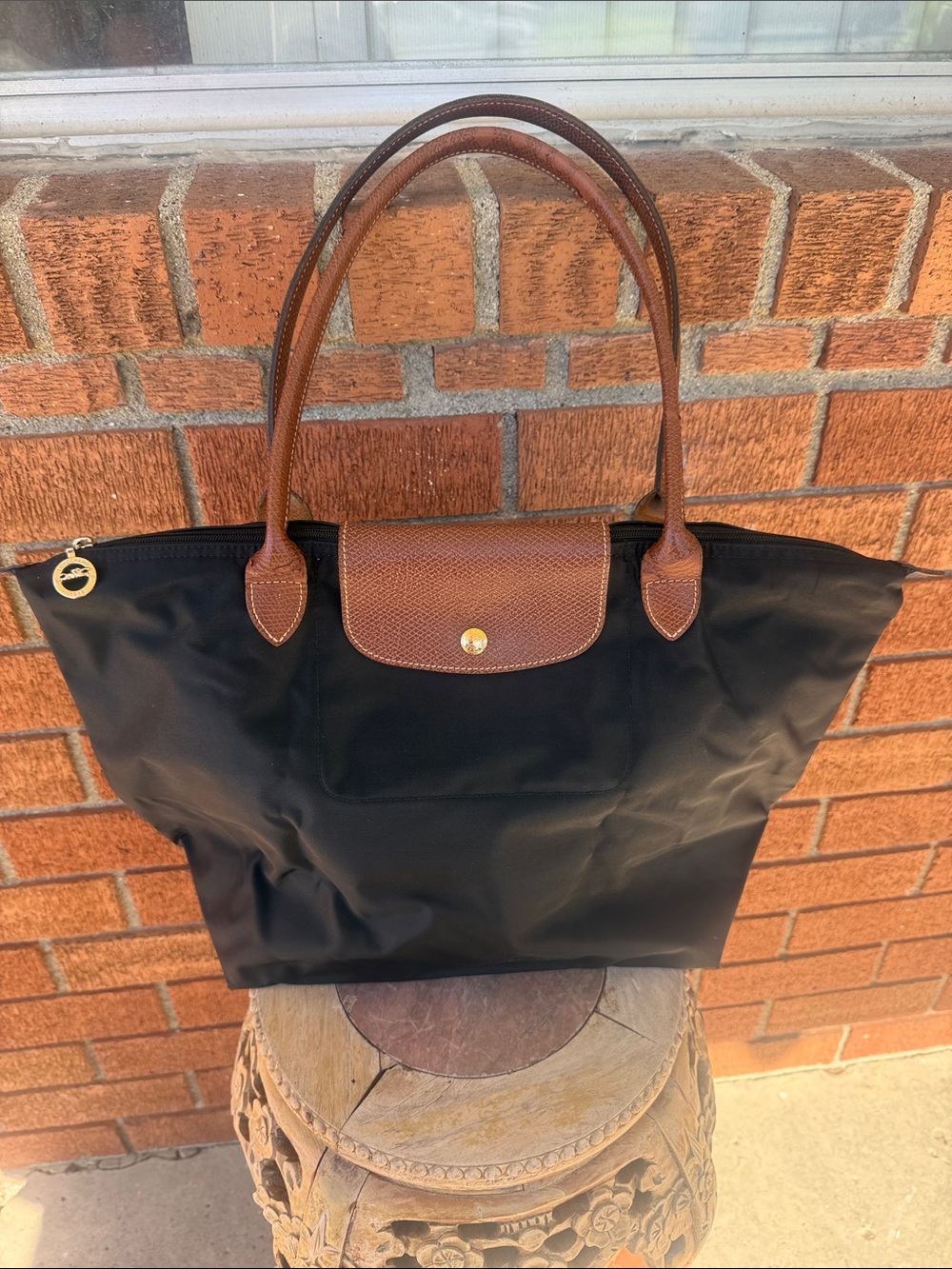 Authentic Longchamp Black Tote with Brown Leather Trim and Handles